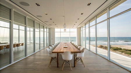 Interior of a modern dining room overlooking the sea. Nobody inside
