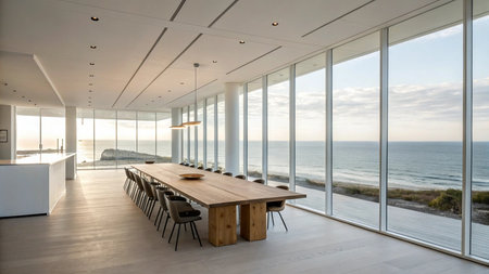 interior of a modern house, dining table and the sea view