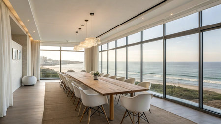 Interior of a modern house, dining room with the sea view