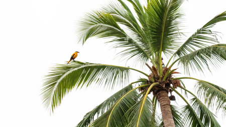 A bird sitting on a coconut tree, isolated on white background.