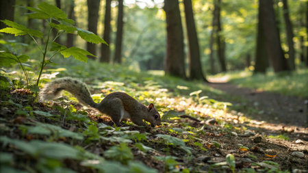 Squirrel in the forest with green leaves on the ground and a blurred background