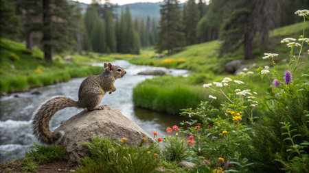 Squirrel standing on a rock by a stream in the mountains.の写真素材