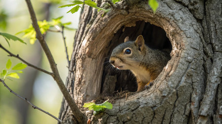 Squirrel in a hollow of a tree in the spring forest.