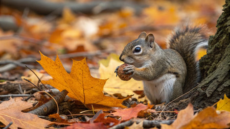 Squirrel in the autumn forest with an acorn in its beak