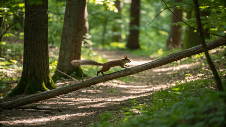 Squirrel on a tree in the forest. Wildlife scene from nature.
