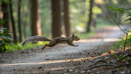 squirrel running on the road in the forest and looking for food