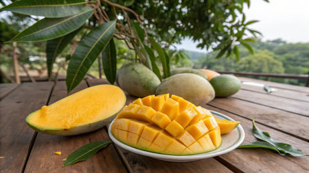 Mango fruit on the wooden table in the garden, stock photo