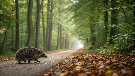 Hedgehog walking on the road in the autumn forest. Nature backgroundの写真素材