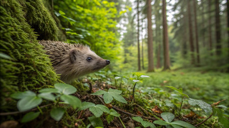 Hedgehog in the forest. Wild, native, european hedgehog.