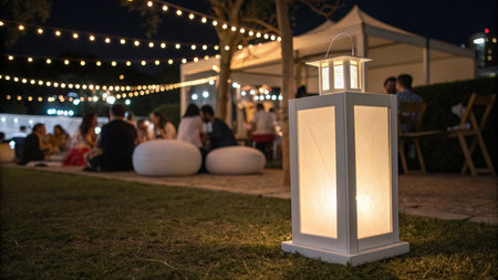 Lantern in the garden with people in the background at night