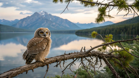 Great horned owl (Asio otus) sitting on a branch in front of a lakeの写真素材