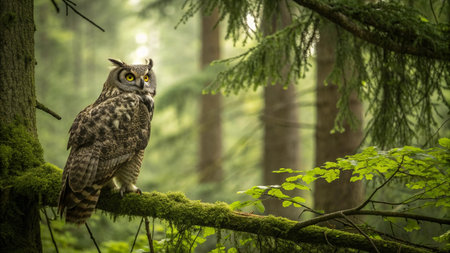 Great horned owl (Bubo virginianus) in the forestの写真素材