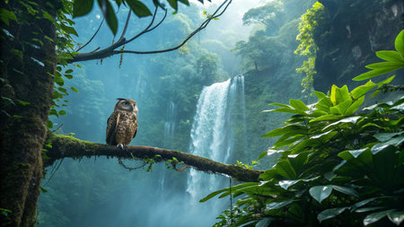 Owl sitting on a branch with a waterfall in the background.の写真素材