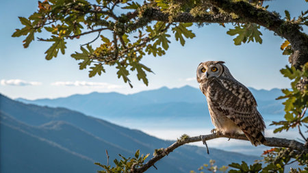 Great horned owl (Bubo bubo) sitting on a branchの写真素材