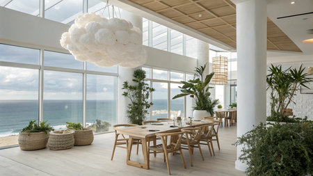 interior of a modern restaurant with sea view and terrace, nobody inside