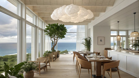 3d rendering of a modern restaurant interior design with sea view.
