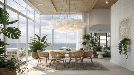 Interior of modern living room with sea view, table and chairs