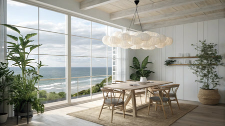 Modern dining room interior design with sea view. 3D Rendering
