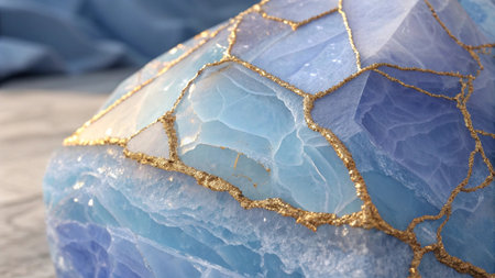 Macro shot of blue agate crystal with golden veins. Abstract background.