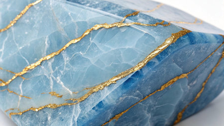 Blue agate with gold veins on a white background close-up
