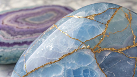 Blue and purple agate on a white background. Close-up.