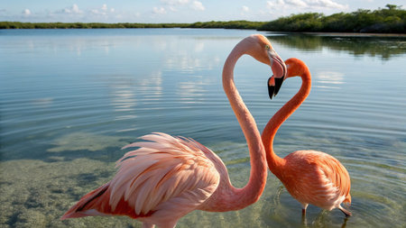 Two flamingos in the water of the lagoon in Cuba.の写真素材