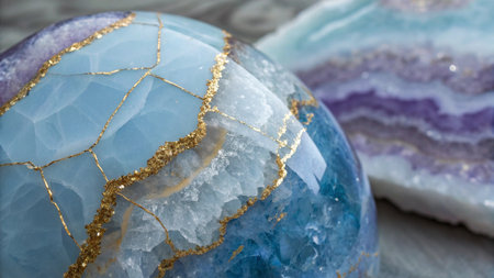 Blue agate with gold lines on wooden background. Close up.