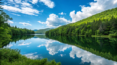 Beautiful landscape of the lake in the mountains with the reflection of the clouds