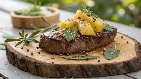 Grilled beef steak with pineapple and herbs on wooden board, closeupの写真素材
