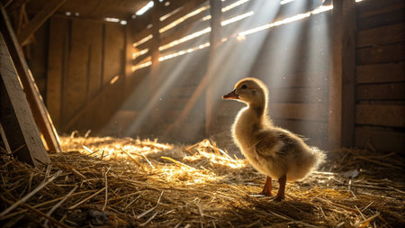 Little duckling in a barn with sunlight streaming in.