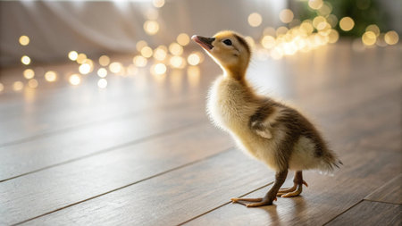 Cute little duckling on wooden floor with bokeh lightsの写真素材
