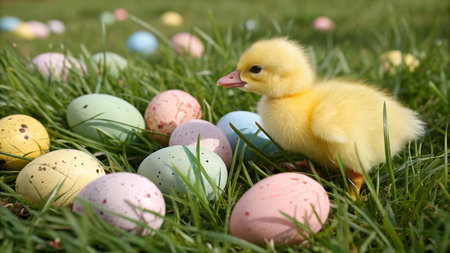 Cute yellow duckling and colorful easter eggs on green grass