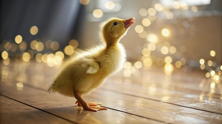 Cute little duckling on wooden floor with bokeh lights