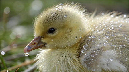 Duckling with water drops, close-up, selective focus