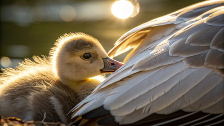 Close up of a young gosling on the grass at sunset