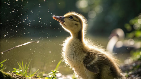 A closeup of a cute little duckling in the sun.