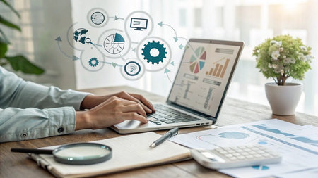 businessman hand working with laptop computer and business strategy diagram on wooden desk as...
