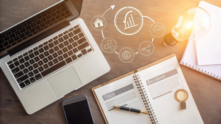Top view of business workplace with laptop, smartphone, notebook and light bulb