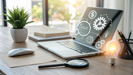 Laptop with business icons on screen and office supplies on table.