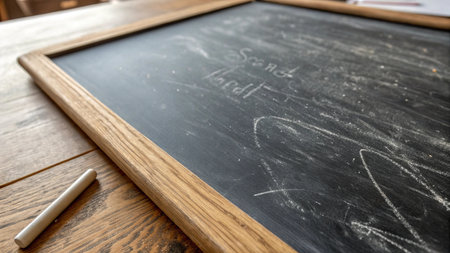 Chalk drawing on blackboard with chalk on wooden table in cafeの写真素材