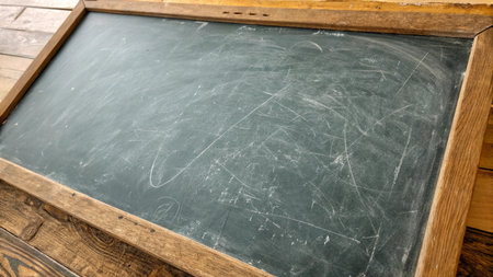 Blank blackboard on a wooden table in a classroom. Education concept