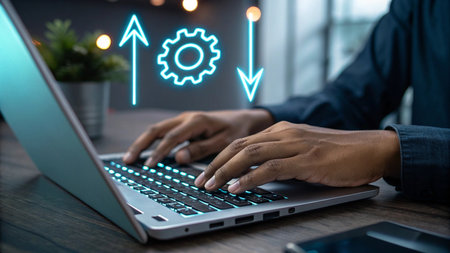 businessman hand working on laptop computer with gear icon on screen.