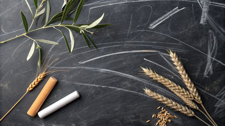 Wheat ears and chalk on blackboard background, top view. Space for text