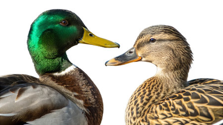 Two mallard ducks on a white background, close-up.の写真素材