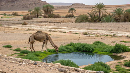 Dromedary drinking water in the Negev Desert, Israelの写真素材