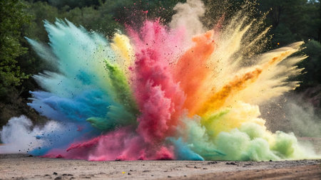 Colorful holi powder explosion on the beach. Holi powder explosion