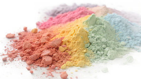 Colorful crushed eyeshadow isolated on white background. Selective focus.
