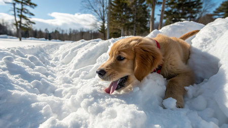 Cute golden retriever puppy in the snow on a sunny winter dayの写真素材