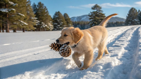 Golden Retriever puppy playing in the snow with a pine cone
