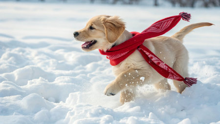 Golden retriever dog in red scarf and scarf running in the snow